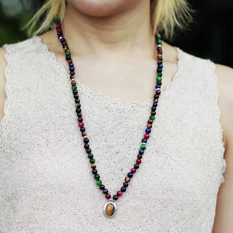 Natural stone meditation necklace and bracelet set with colour tiger-eye gemstone pendants featuring wings, crown, infinity and heart designs