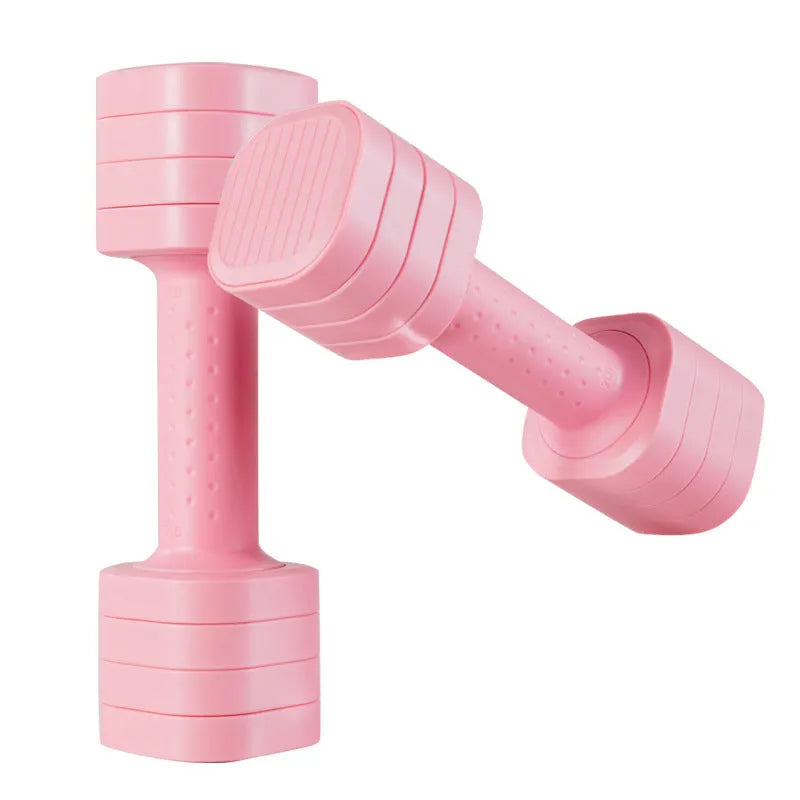 Pink and blue detachable ABS plastic dumbbell set for women's fitness and body shaping.
