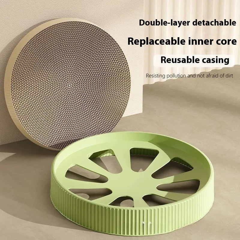 Round green or white cat scratching board nest with replaceable corrugated cardboard centre, 55 cm diameter.