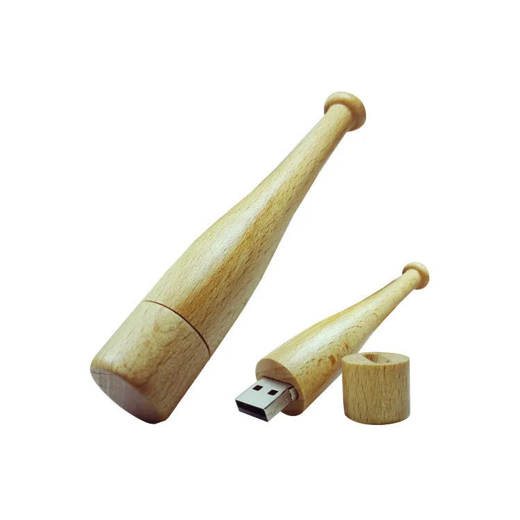 Baseball bat shaped USB flash drive with wood shell, 16GB capacity, black USB plug
