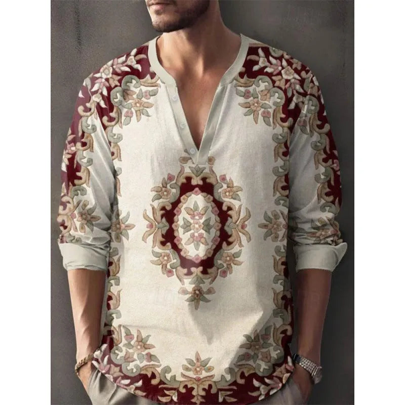 Men's 3D digital printing bamboo linen long sleeve pullover loose fit casual top spring autumn