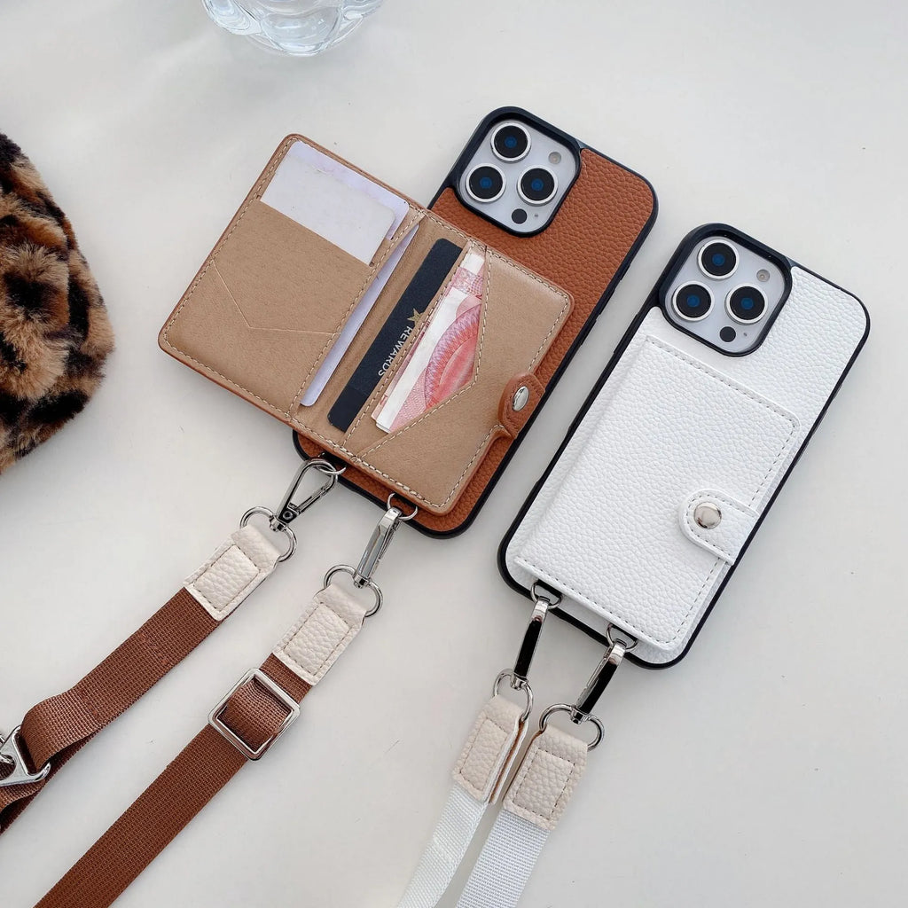Slim black PC leather iPhone case with a built-in card slot and a lanyard loop on the corner.