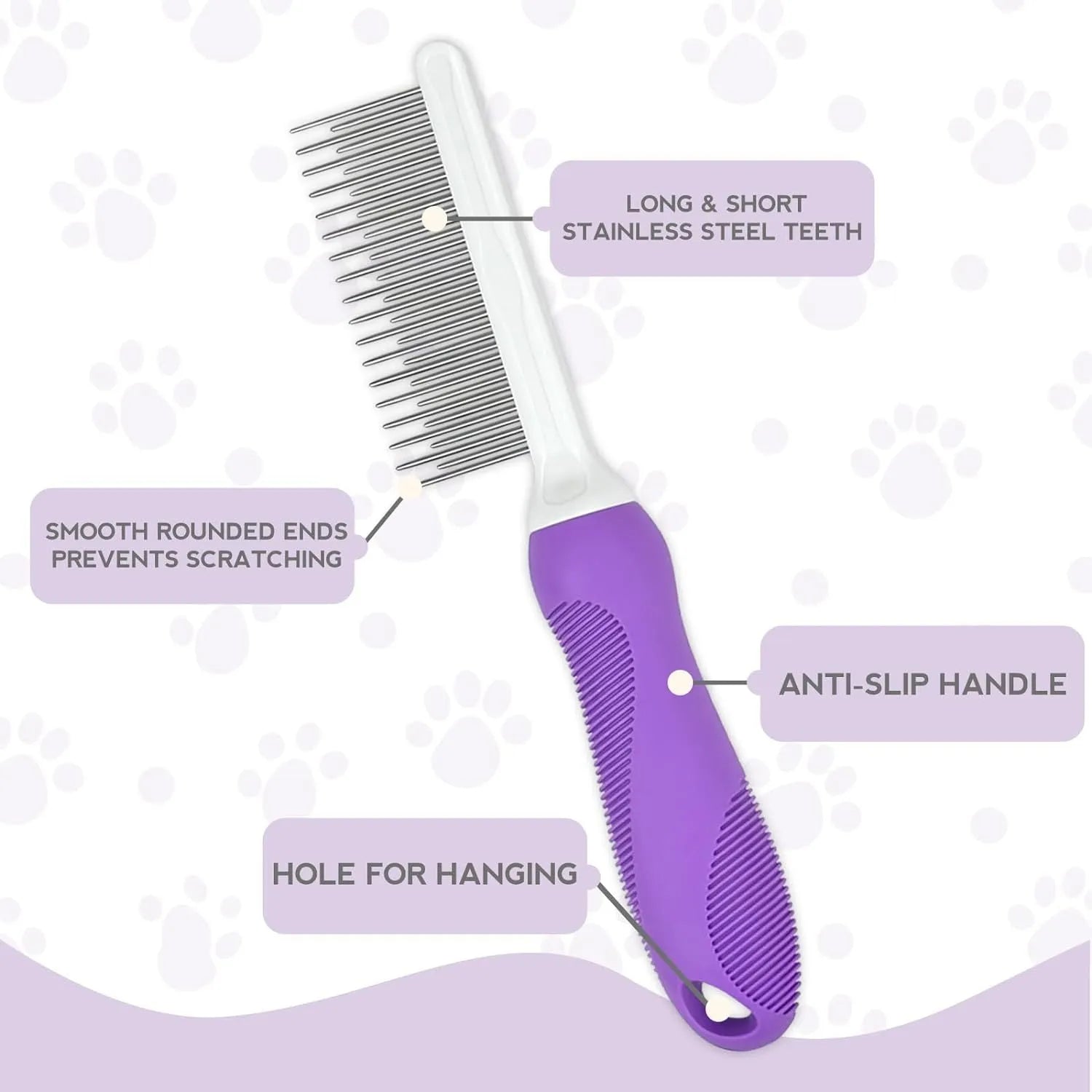 Purple pet detangling comb with stainless steel teeth on a 27cm long ergonomic handle.