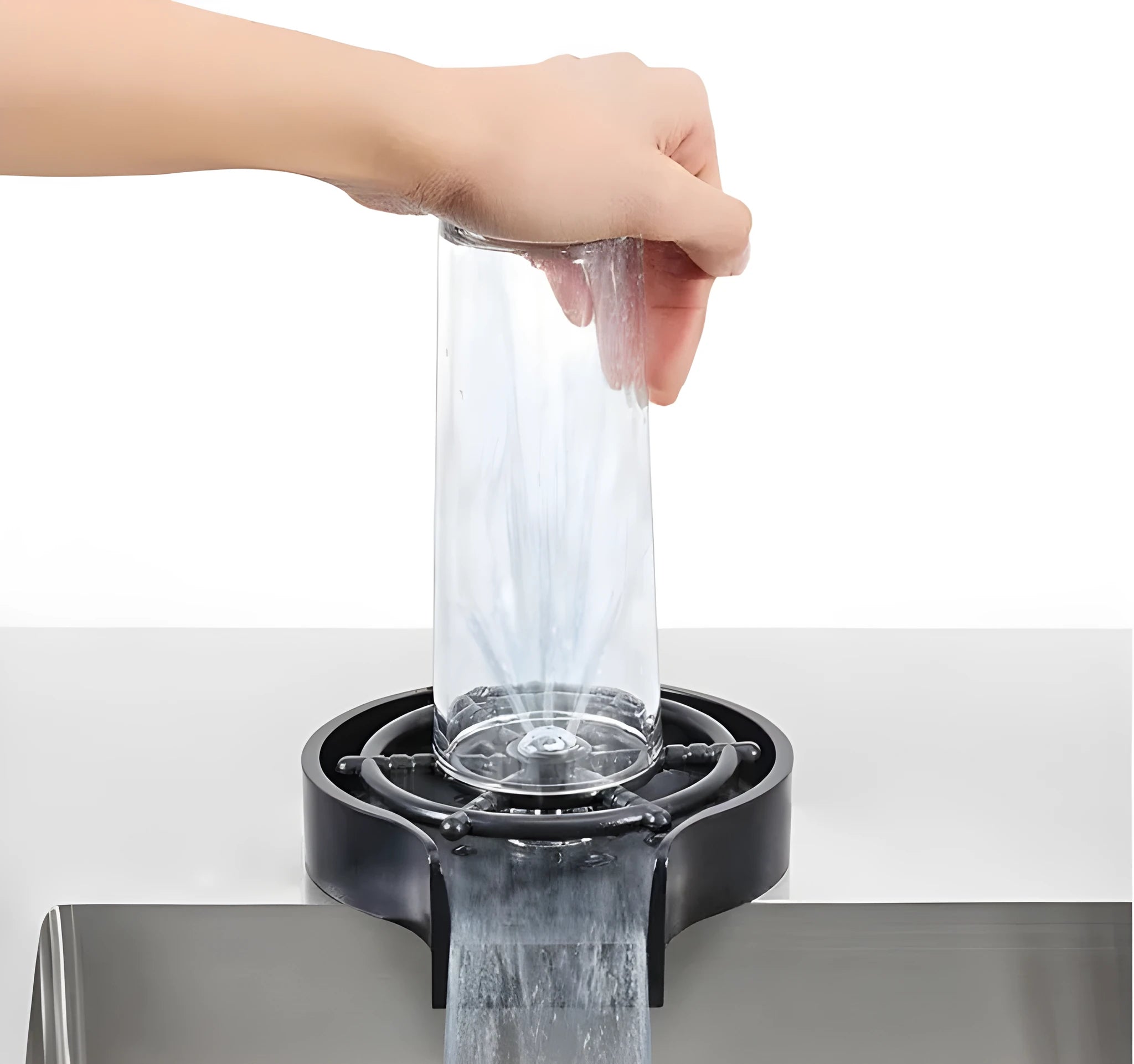 Black automatic stainless steel glass washer with copper head on ABS base and hose.