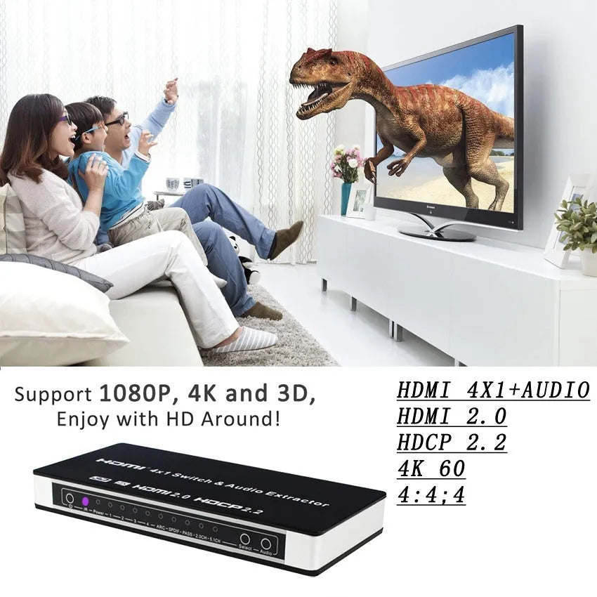 Black HDMI switch unit with four input ports, remote control, and 10m cable for video switching