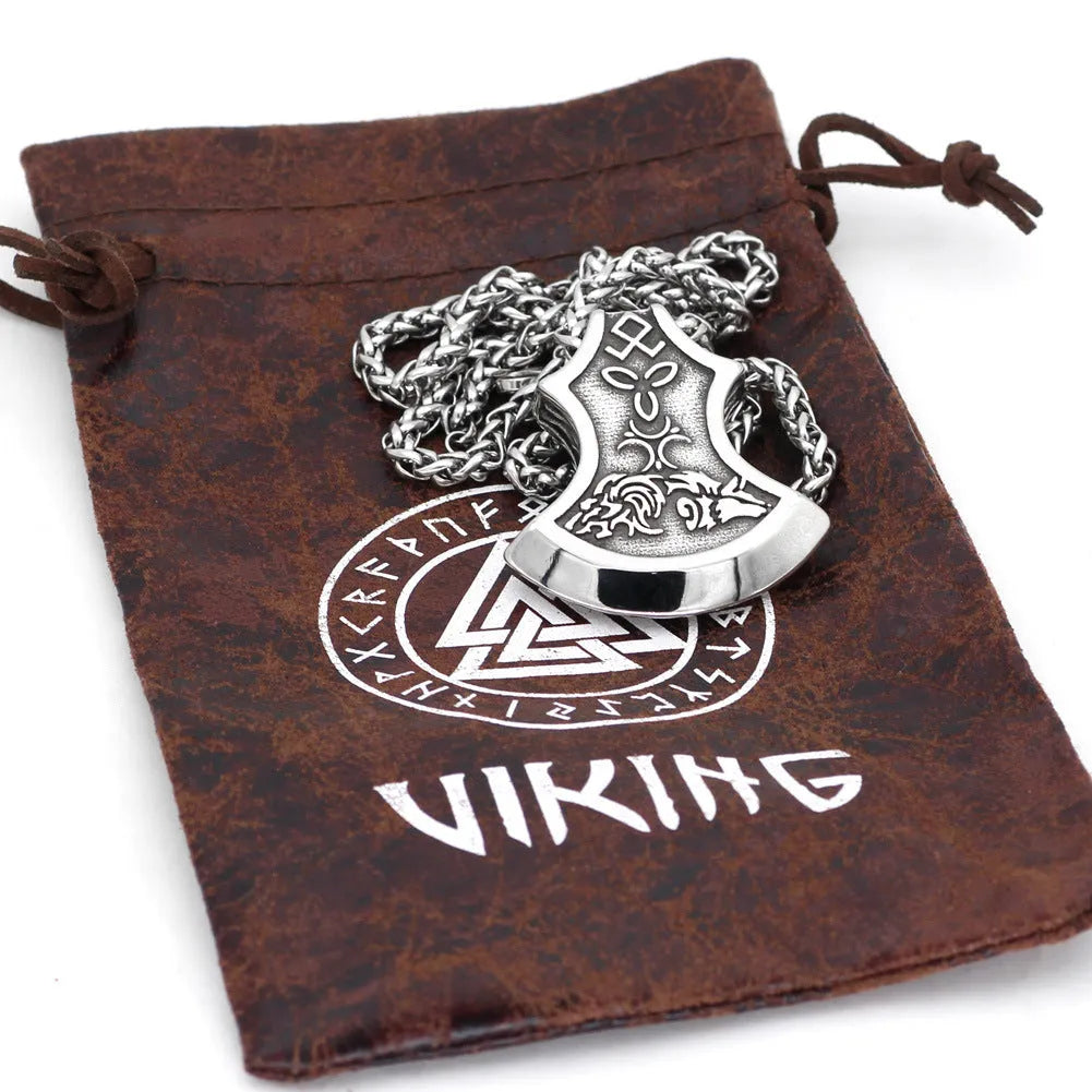 Viking Torto axe Celtic wolf pendant necklace on antique silver twisted chain, alloy, unisex