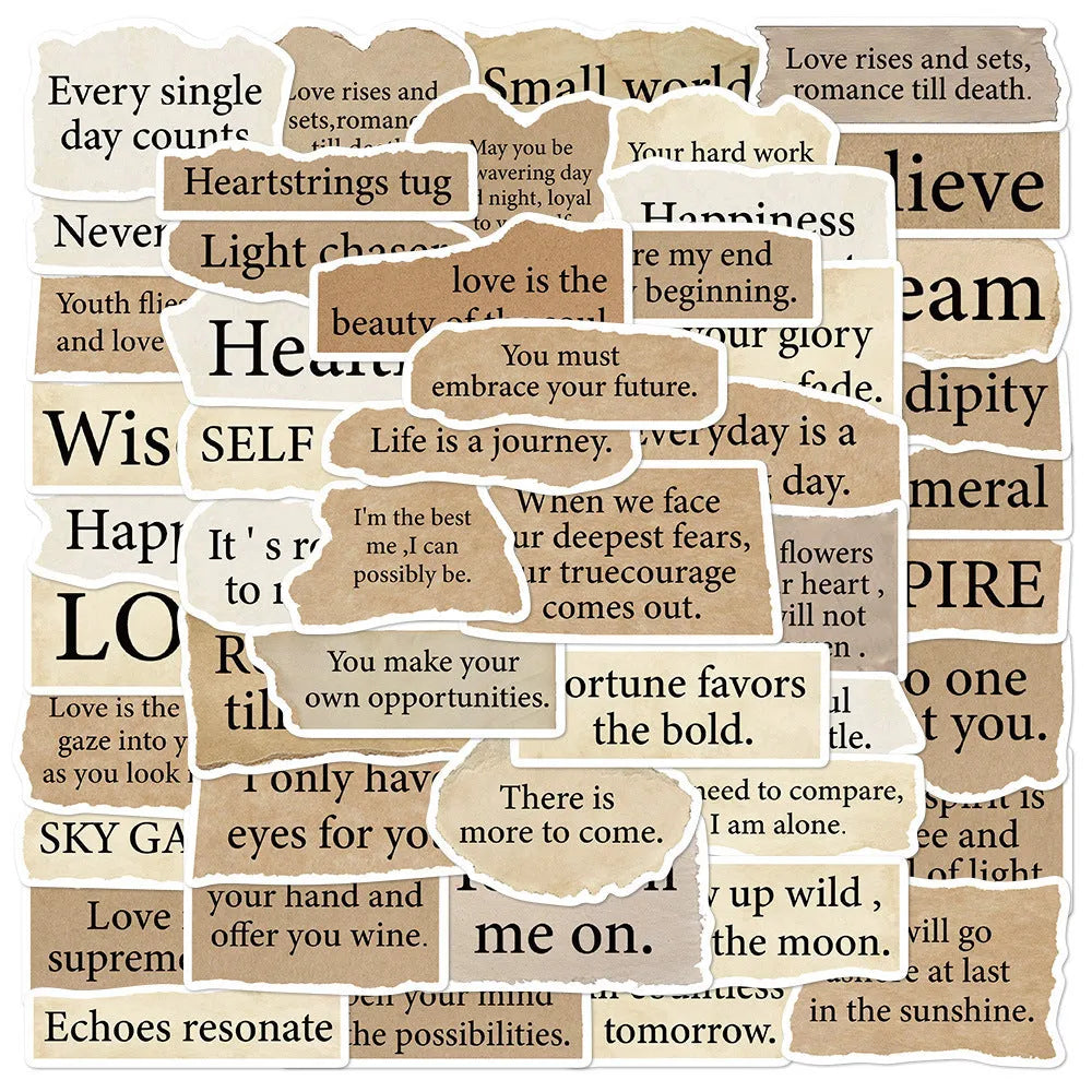 Pack of 25 torn English design decorative PVC stickers for laptops, shown removed from backing.