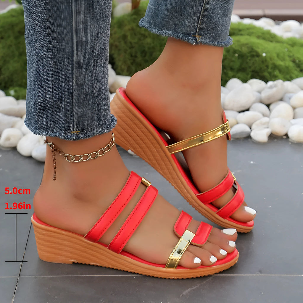 Women's wedge plus size slippers in PU leather with round toe, available in multiple colours and sizes 35-43