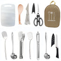 12-piece stainless steel picnic kitchenware set in portable storage bag with khaki exterior