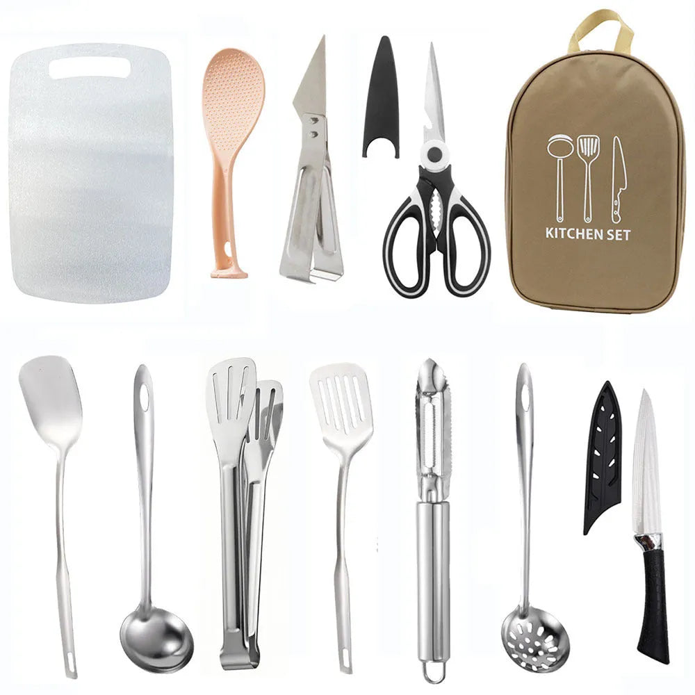 12-piece stainless steel picnic kitchenware set in portable storage bag with khaki exterior