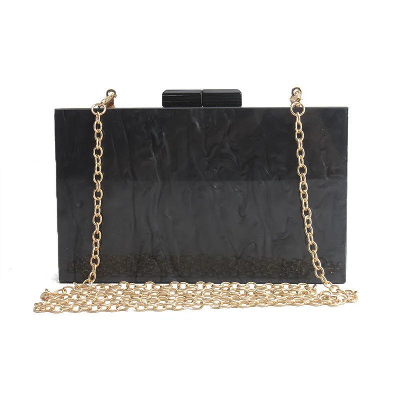 Small acrylic clutch bag with marble pattern, long chain, and metal hook in white, blue, black, pink, gold, or apricot