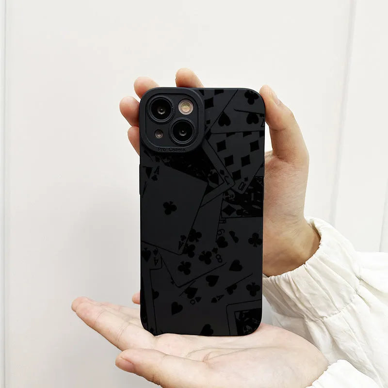 Black silicone phone case with playing cards design frosted soft shell for iPhone models including 15 Pro Max and 14 Pro