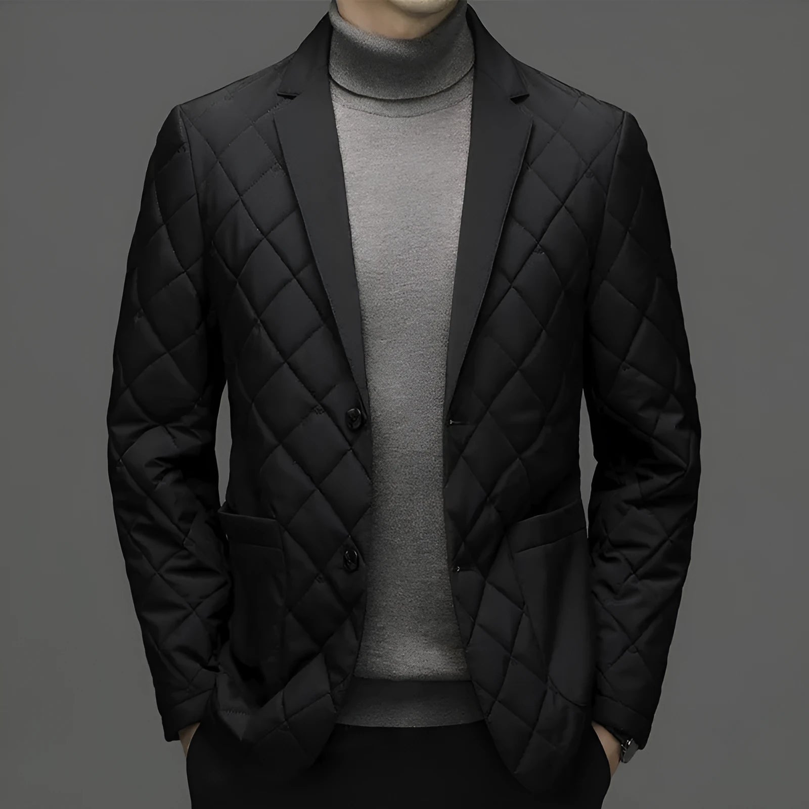 Man wearing a thick black lapel down jacket with side seam pockets.