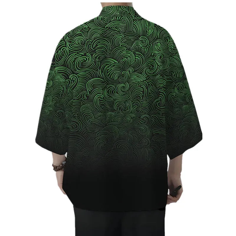 Men's loose 3D printed polyester cardigan coat in a colourful pattern, three-quarter sleeves, casual fit