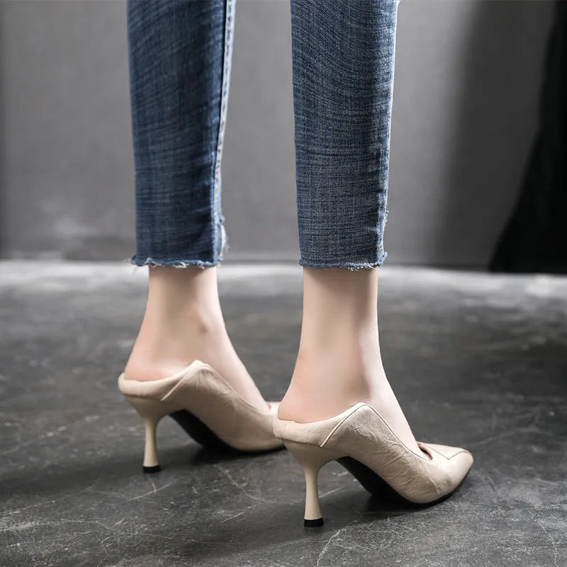 Women's pointed-toe stiletto court shoes in apricot or black, 5cm or 7cm heel, faux leather upper, sizes 30-44