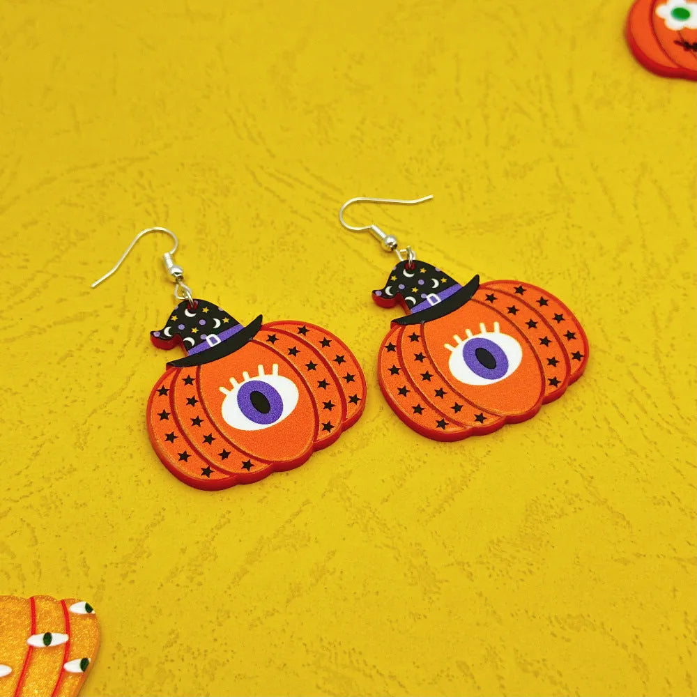 Funny Halloween acrylic earrings with colourful ghost eyes pumpkin print dark style women jewellery