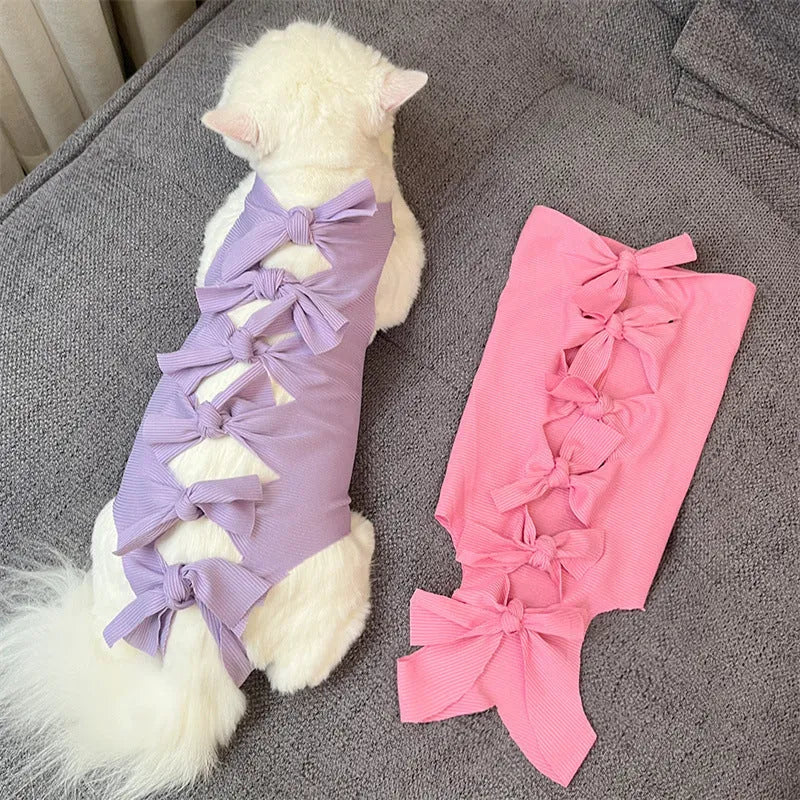 A pink lace-up cat recovery suit on a grey cat, showing the back closure and full-body fit.