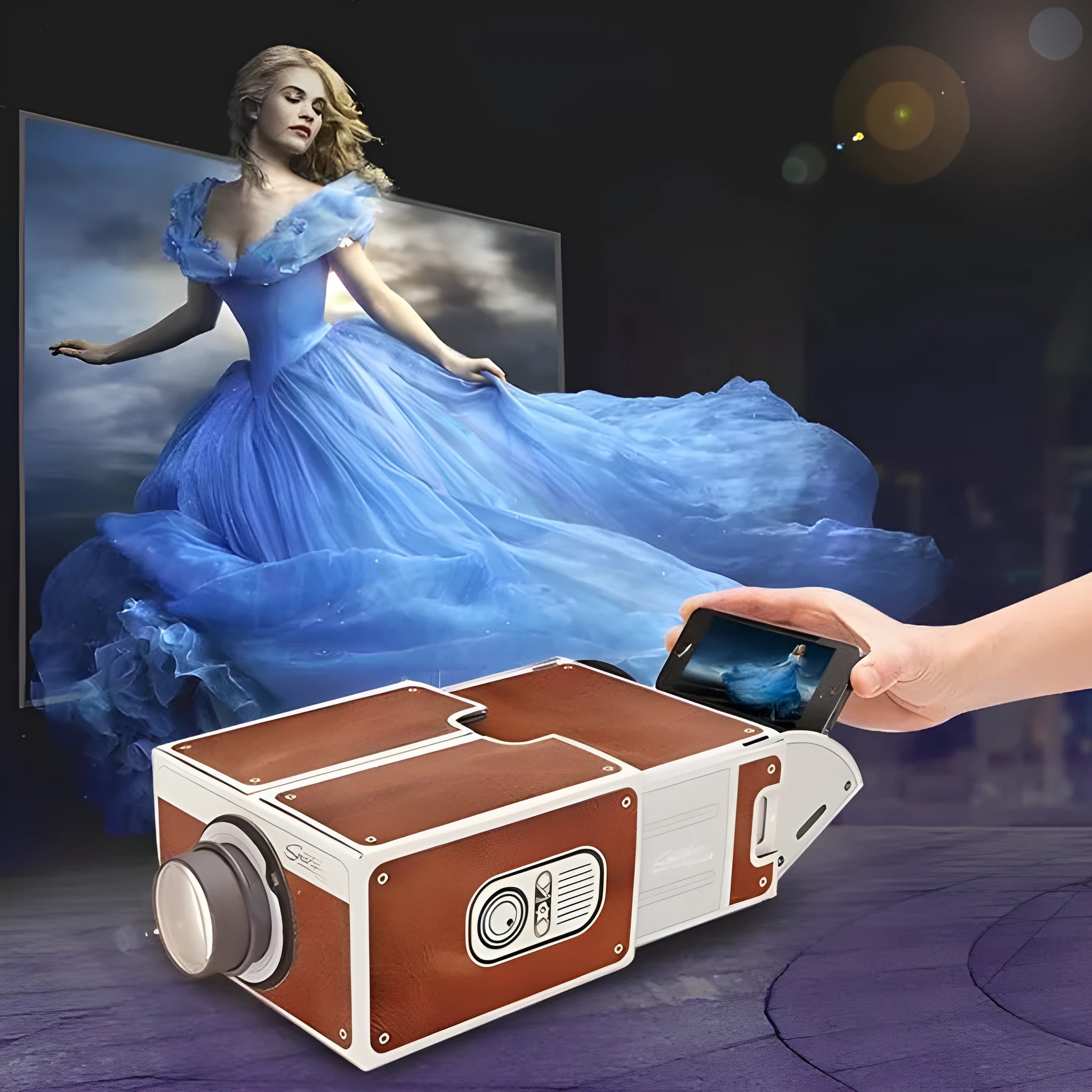 Portable DIY smartphone projector with zoom lens and smartphone insert slot, 8x magnification for home theatre use