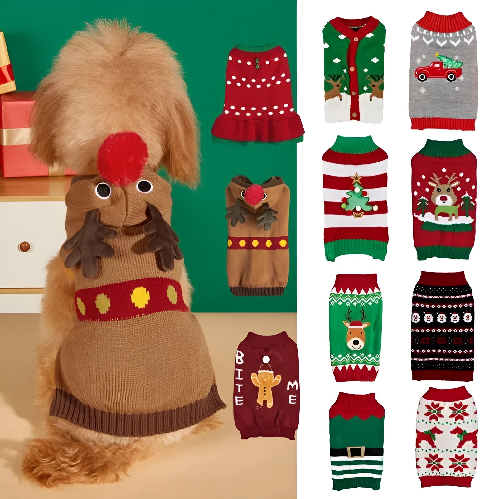 Pet dog wearing acrylic knit Christmas costume with red Santa hat and white snowflake pattern on a white background