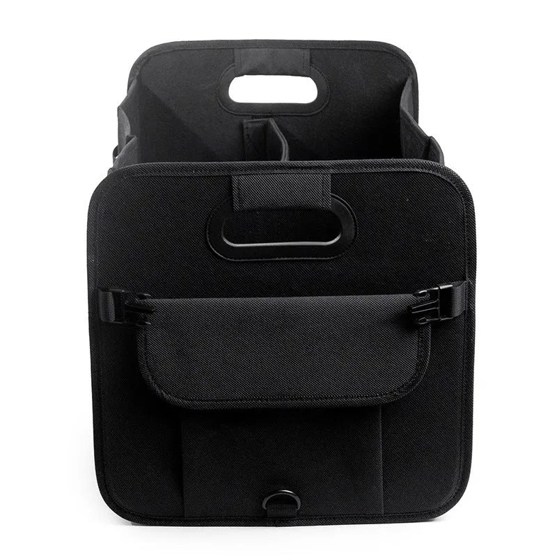 Foldable multi-compartment car boot storage box in black with handle and waterproof fabric construction