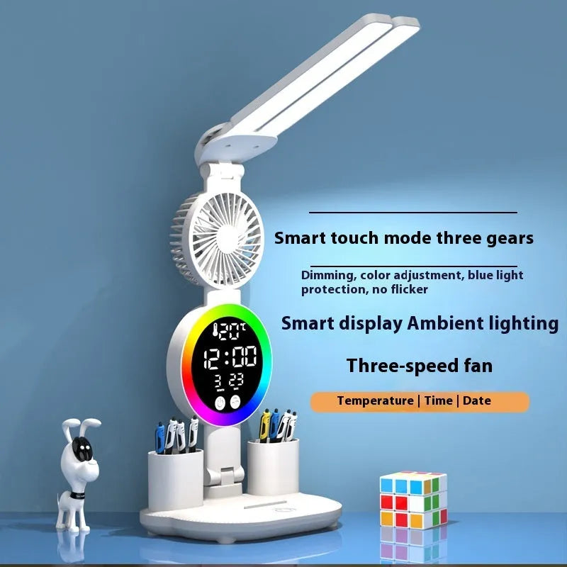 LED student desk lamp with double-headed light, clock and fan options, USB powered, modern simplicity style