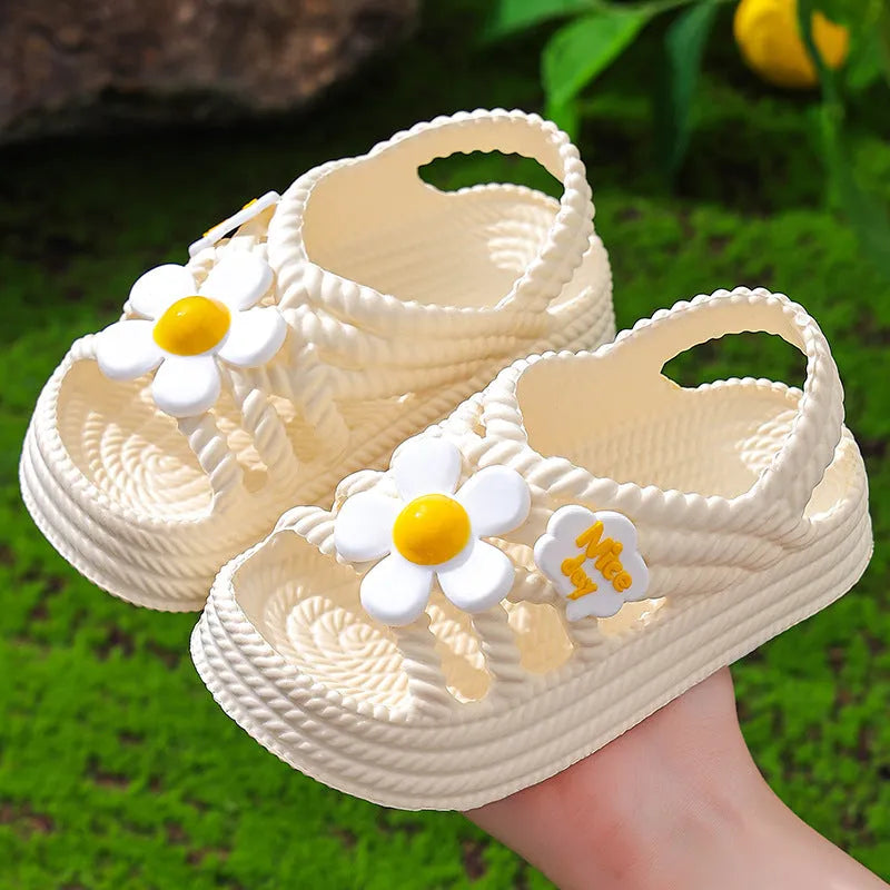 Girls' EVA summer sandals in pink with letter pattern, flower detail, and non-slip sole