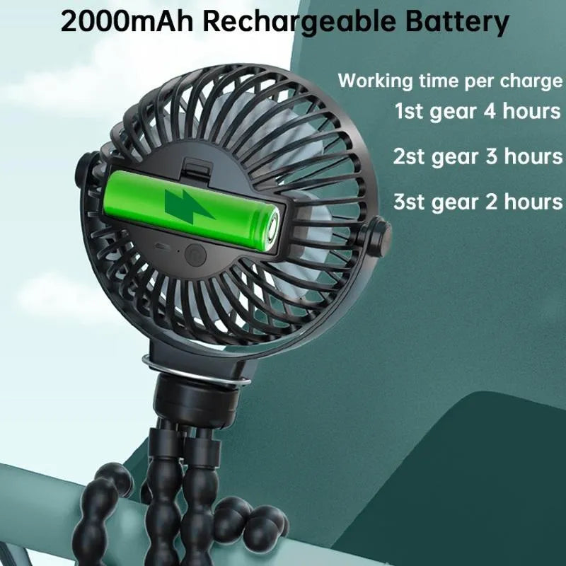 Black portable USB octopus fan with flexible tripod legs and clip, showing 360-degree rotation.