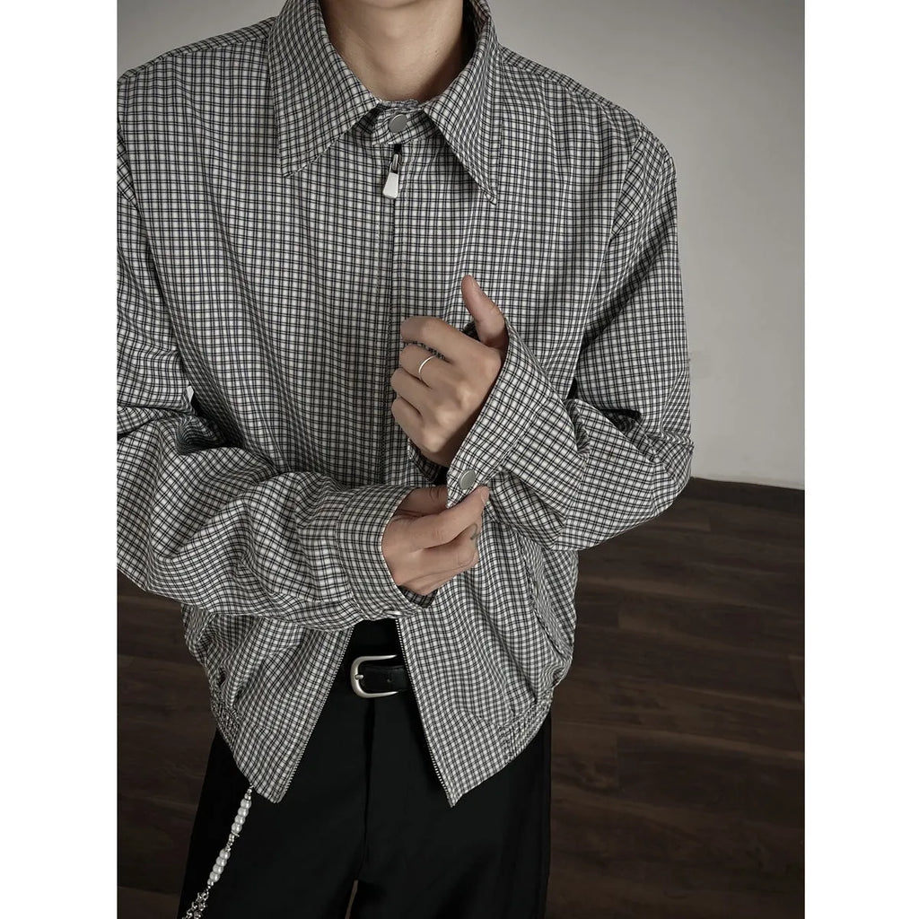 Korean style simple retro plaid short jacket with double zipper in gray plaid