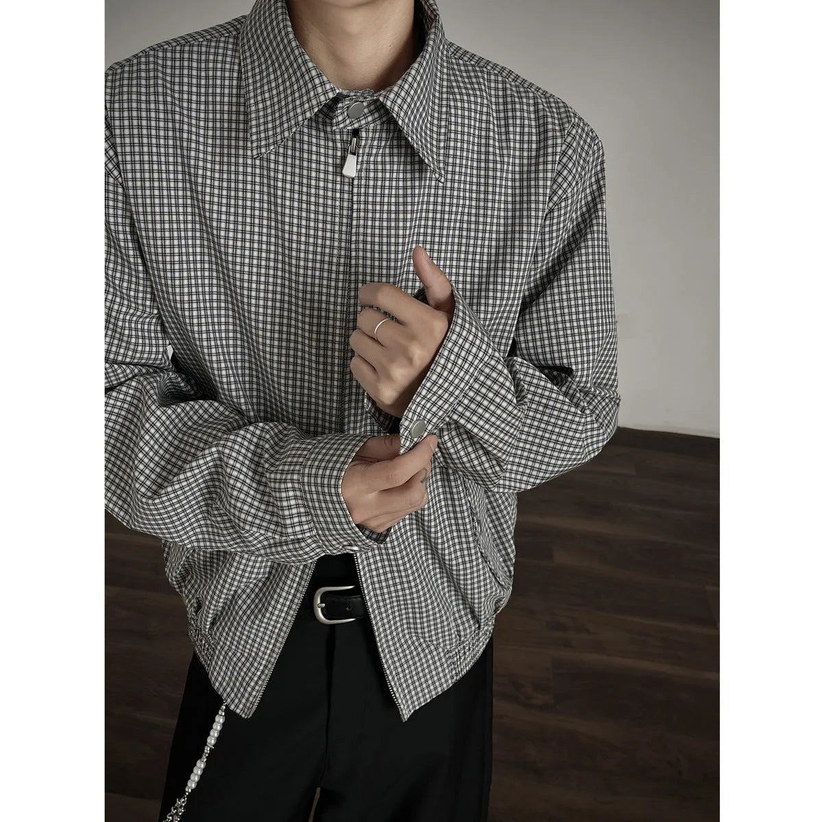 Korean style simple retro plaid short jacket with double zipper in gray plaid