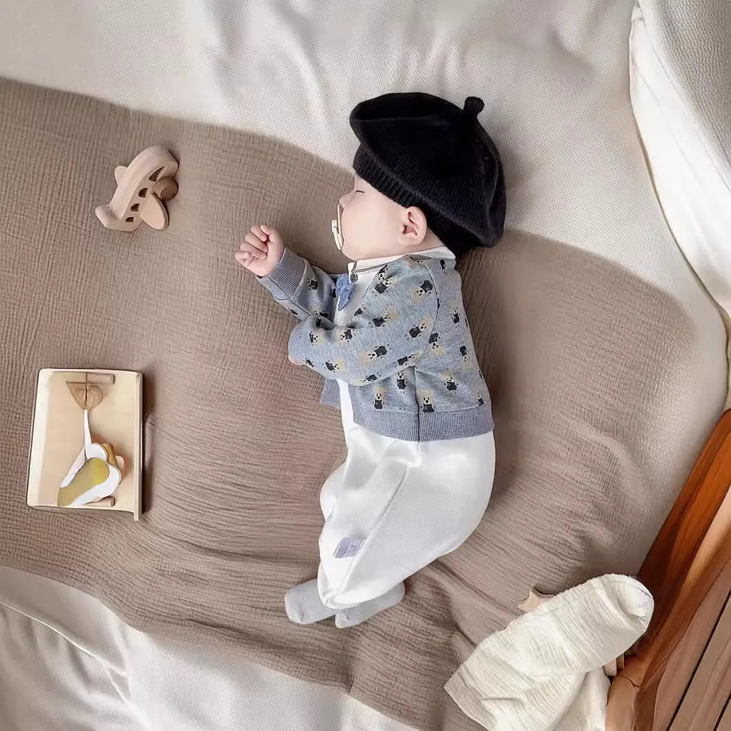 Cotton long-sleeve baby romper, cardigan fake two-piece, single-breasted, spring autumn, heights 66cm to 90cm
