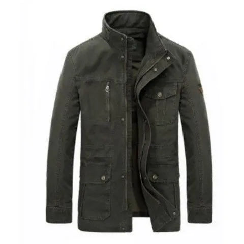 Men's cotton stand collar mid-length multi-pocket jacket in dark blue and khaki