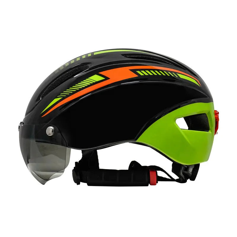 Adult bicycle helmet with integrated taillight and goggle restraint in multiple colour options