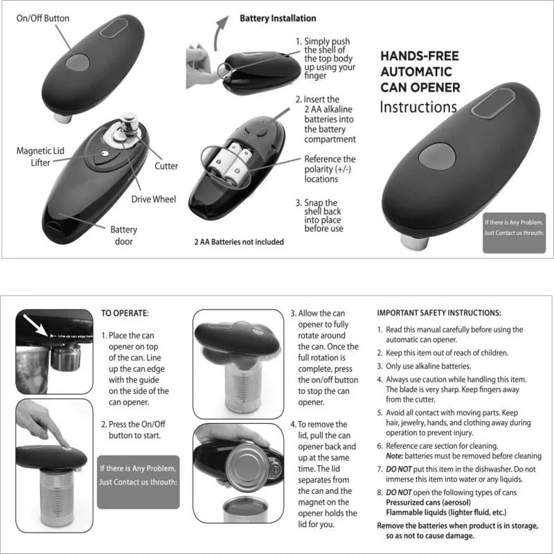 Black electric can opener with plastic construction for one-touch opening of cans, jars and bottles