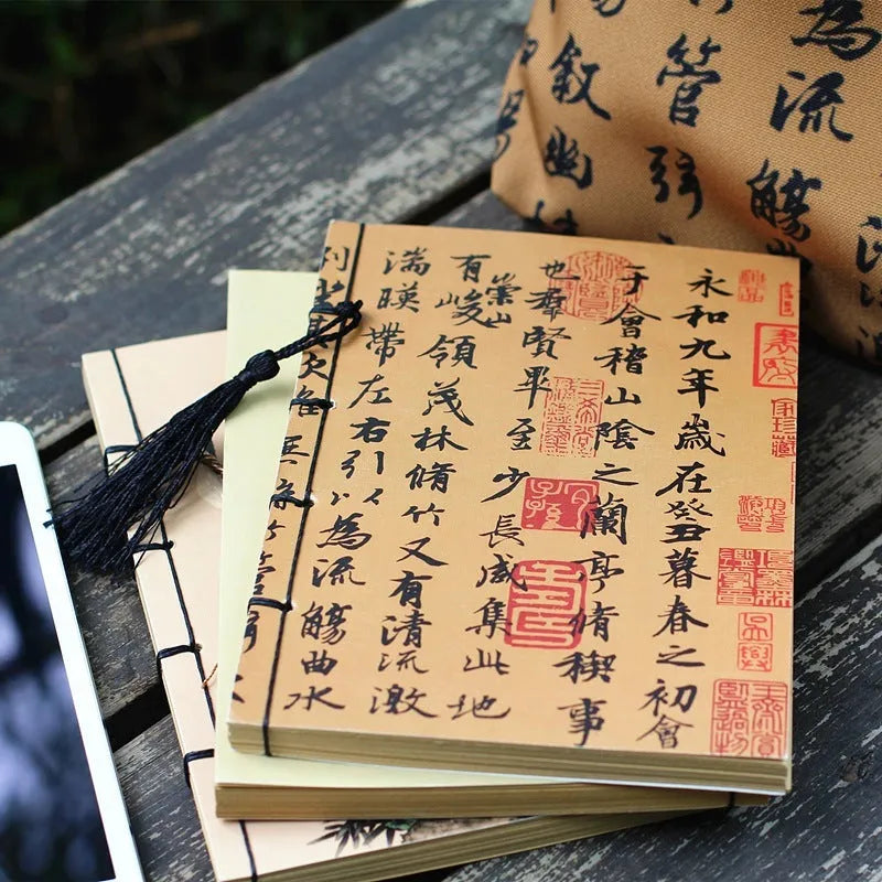 A5 antique wire-bound notebook with a retro famous painting cover on white cowhide, shown open on Kraft paper pages.