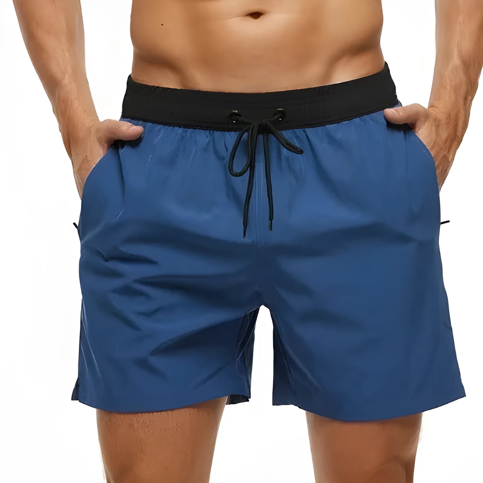 Men's blue drawstring athletic shorts with a zip pocket and stitching detail on the waistband.