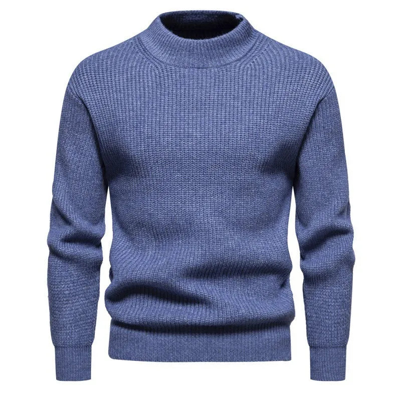 Men's casual knitted solid colour slim fit polyester sweater in dark gray, blue, and light brown, sizes M to XXXL