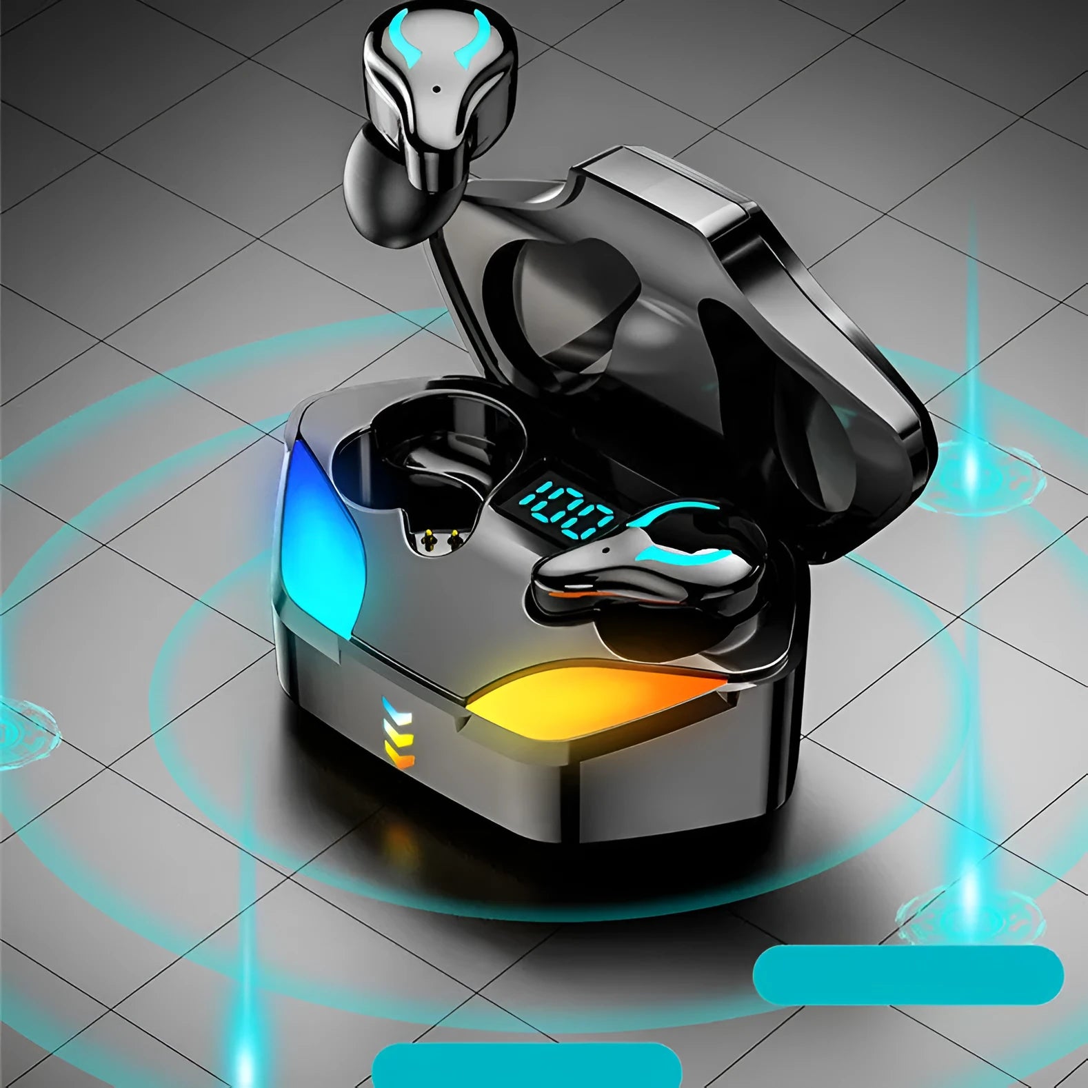 E-sports Bluetooth gaming headset with earplug style design showing battery display and call functions
