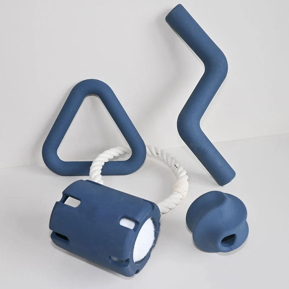 Rubber dog chew toy set in small and large sizes, shown in light purple, dark blue, lotus root colour and dark red.