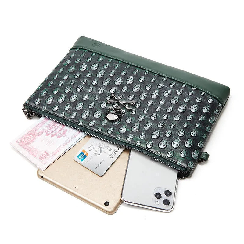 Retro men's and women's skull clutch bag in black, waterproof PU leather, geometric pattern, handheld style
