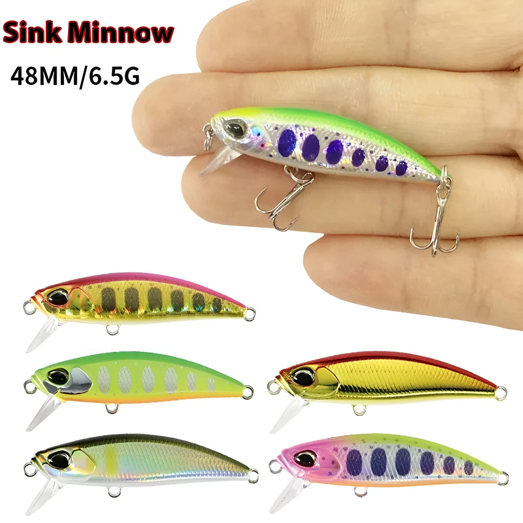 Hard plastic minnow fishing lure measuring 48mm, shown in one of 14 available colours, with integrated hook hangers.
