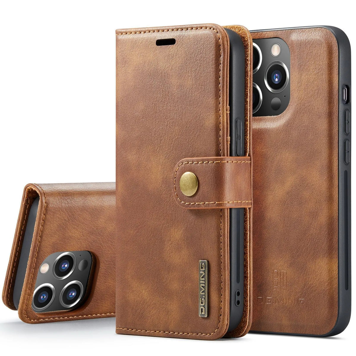 Split leather phone case with card slots and magnetic closure in black for iPhone
