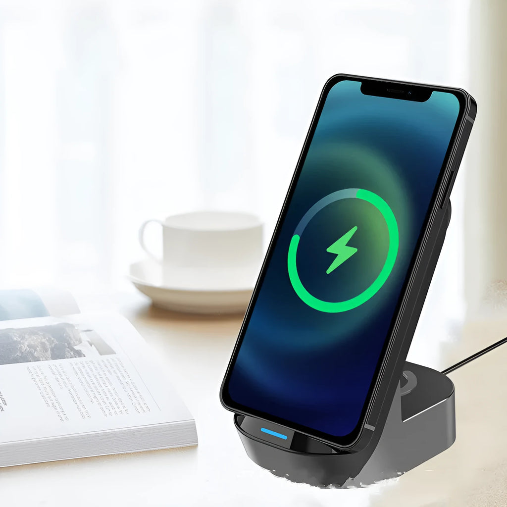 Space grey foldable 3-in-1 wireless charger stand with phone, smartwatch, and earbuds case charging simultaneously.