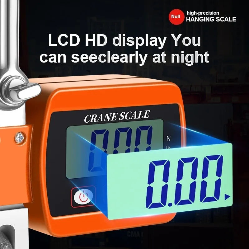 Digital electronic hook scale with display showing weight measurement
