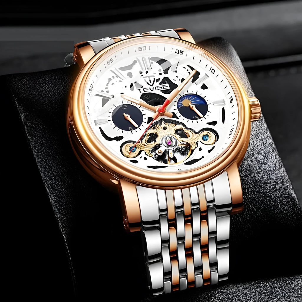 Men's waterproof mechanical watch with tourbillon and luminous dial on wrist, shown in rose black metal finish.