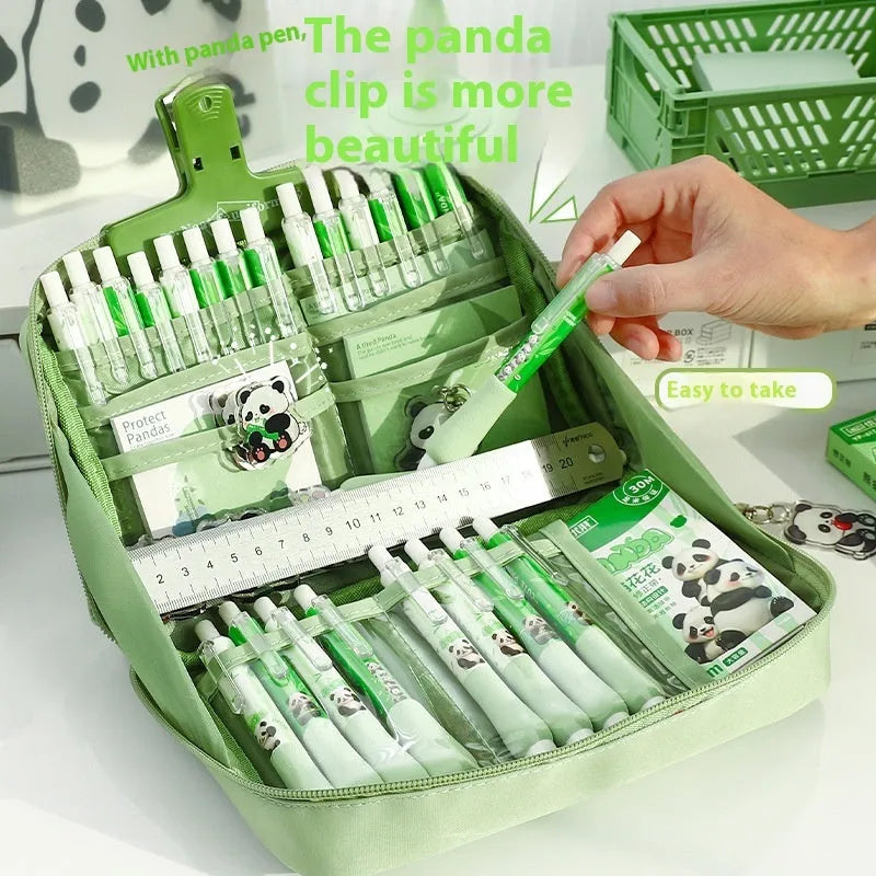 Green canvas pencil case with panda design featuring 12 internal layers for organising pens and stationery.