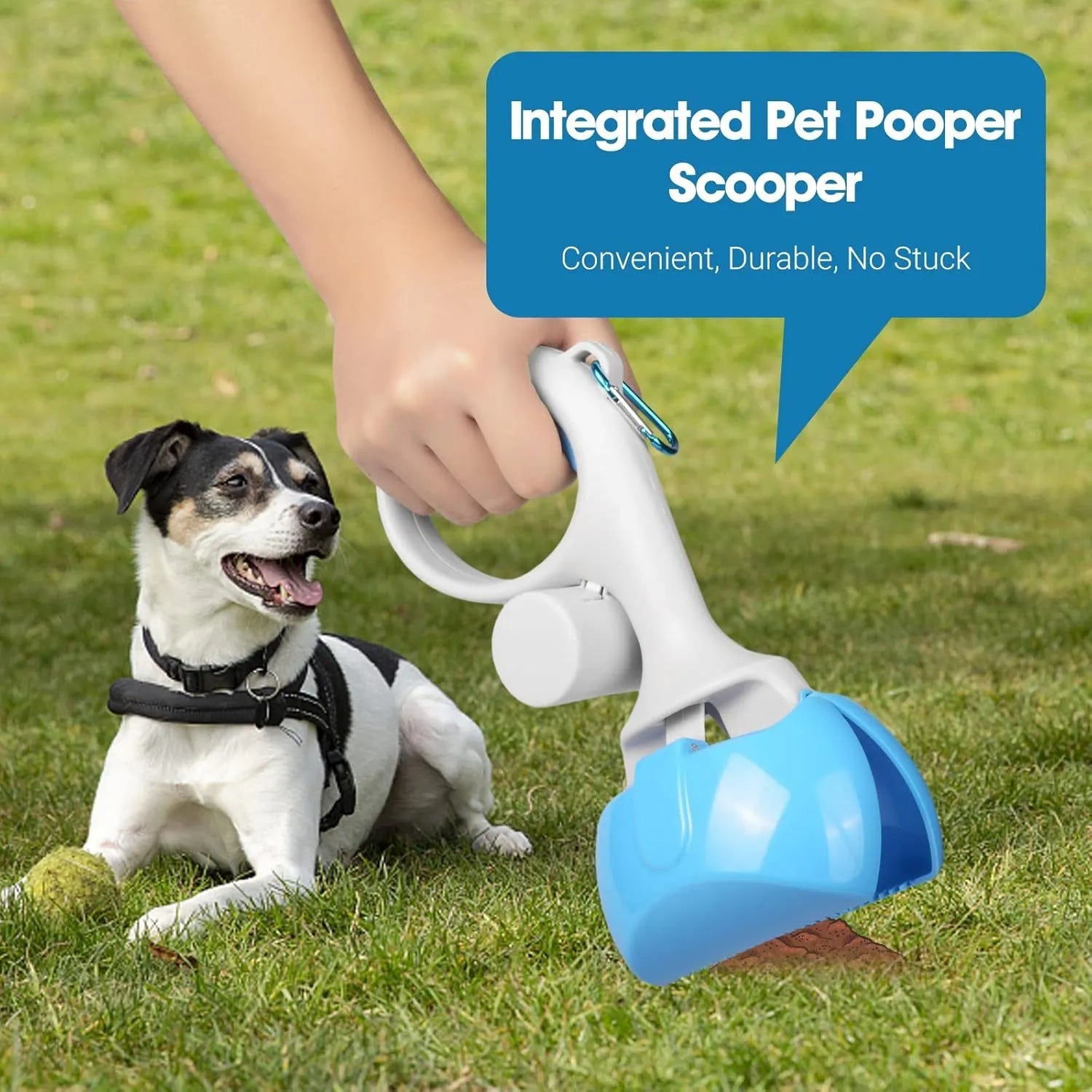 Black ABS plastic pet pooper scooper with integrated trash bag holder and carrying hook.
