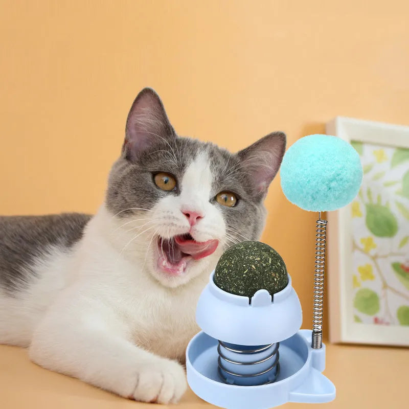 Blue cat toy ball with mint centre for dental grinding and hairball relief