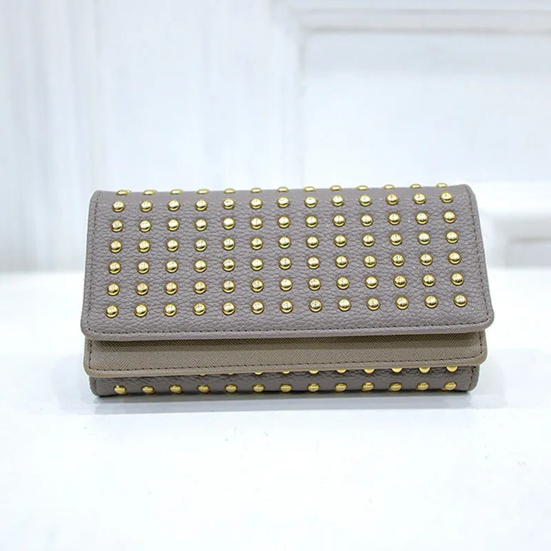 Women's rivet three-fold wallet in black PU leather, 19cm wide, horizontal square shape