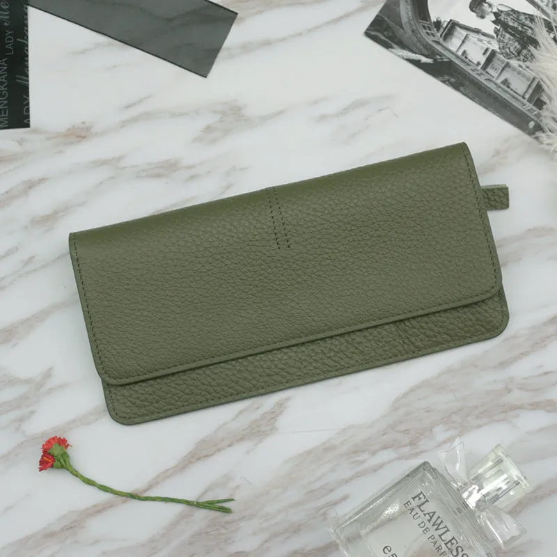 Genuine leather long coin purse with multiple card slots and zipper, wine red colour