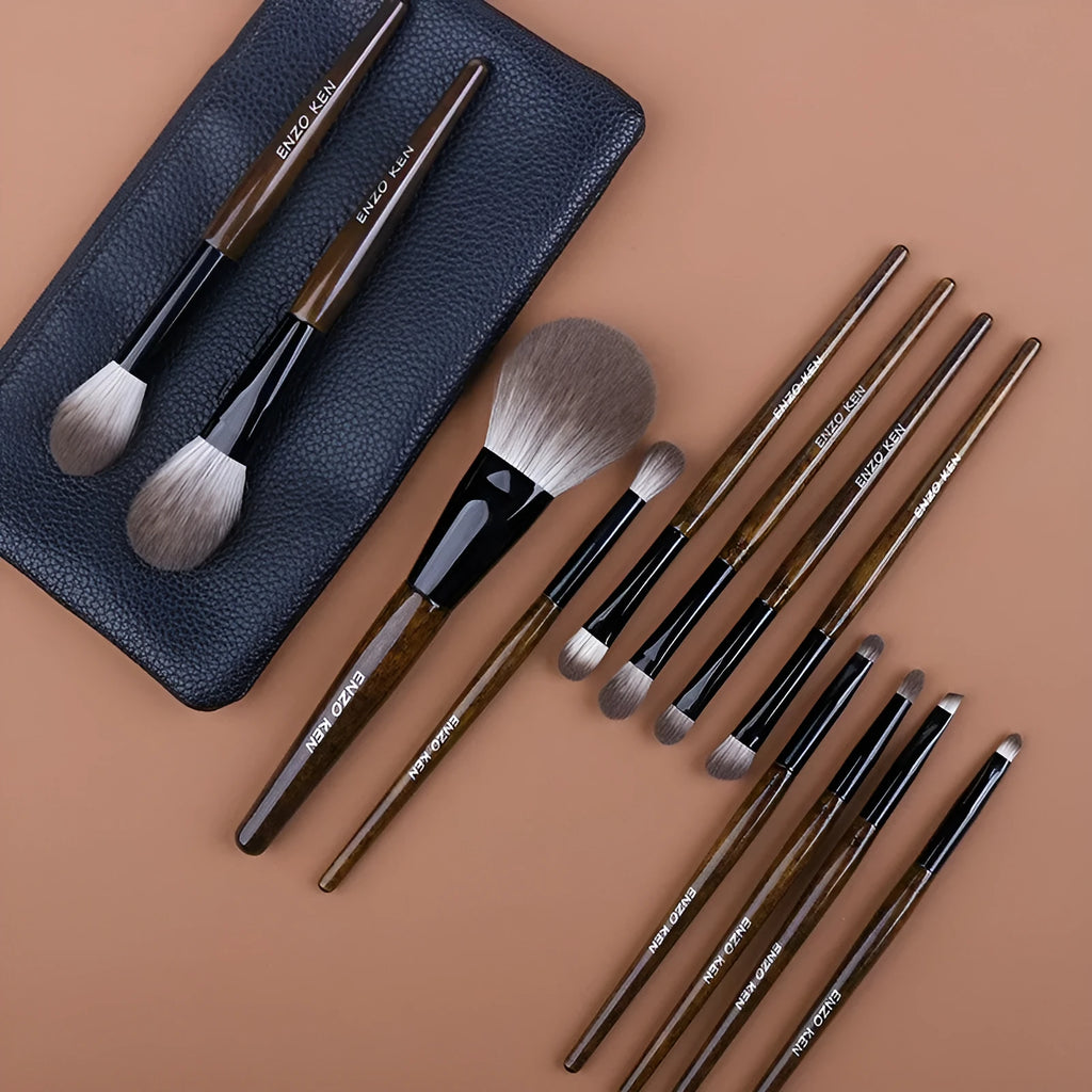 12-piece makeup brush set with wooden handles in PU roll case